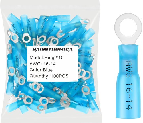 Haisstronica 100pcs Blue Marine Grade Heat Shrink Ring Connectors - 16-14 Gauge Tinned Copper Terminals