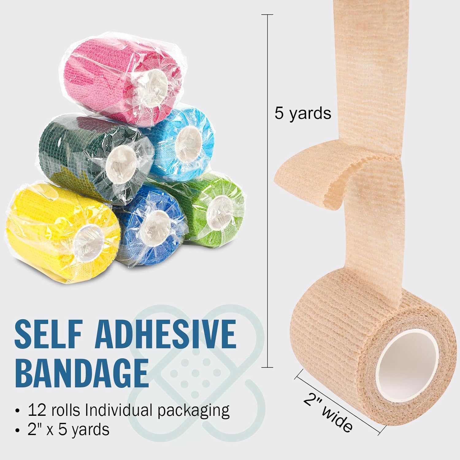 YesBes Self-Adhesive Bandage Wrap - 12 Pack, 2" x 5 Yards, Elastic Cohesive Vet Tape