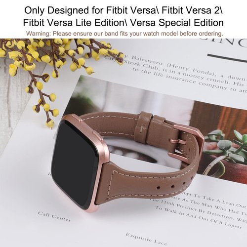 TOYOUTHS Leather Strap Compatible with Fitbit Versa 2/Versa Bands Women Men Slim Genuine Leather Wristbands Replacement for Versa Lite/Versa 2 Special Edition Accessorie Pink (Gray+Rose Gold Buckle)