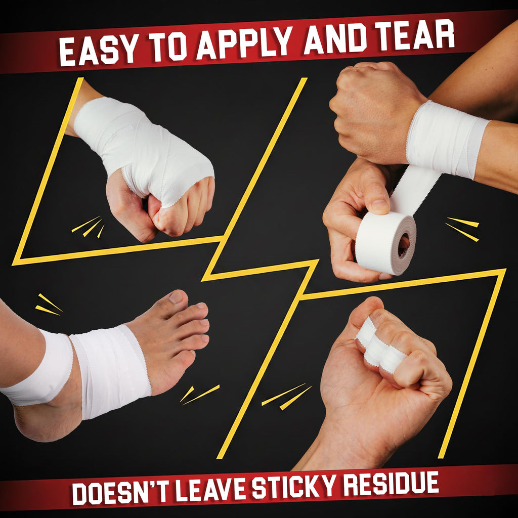Summum Fit White Athletic Tape Extremely Strong: 3 Rolls + 1 Finger Roll. Easy to Apply & No Residue. Sports Tape Athletic for Boxing Football Climbing or Gymnastics for Wrist Ankle & Hand Protection
