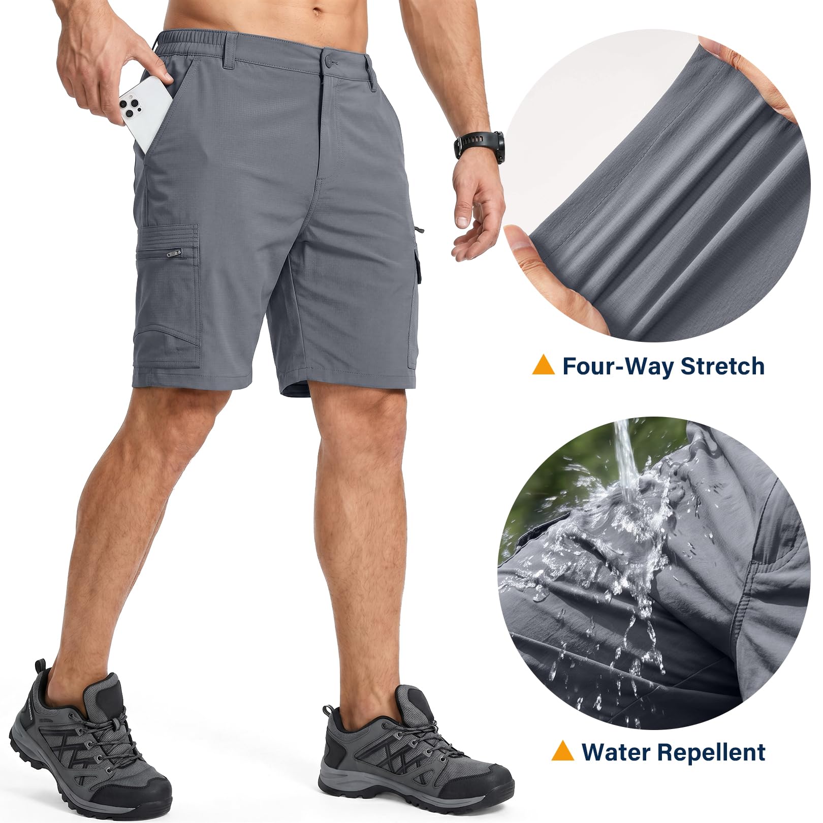 Jessie Kidden Mens Outdoor Casual Expandable Waist Lightweight Water Resistant Quick Dry Fishing Hiking Shorts #6222-Grey,34
