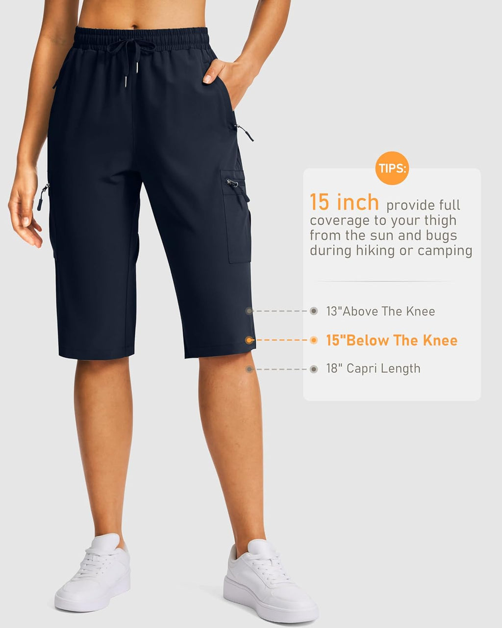 SANTINY Women's 15" Long Cargo Shorts - Lightweight, Quick-Dry Bermuda with 5 Zipper Pockets