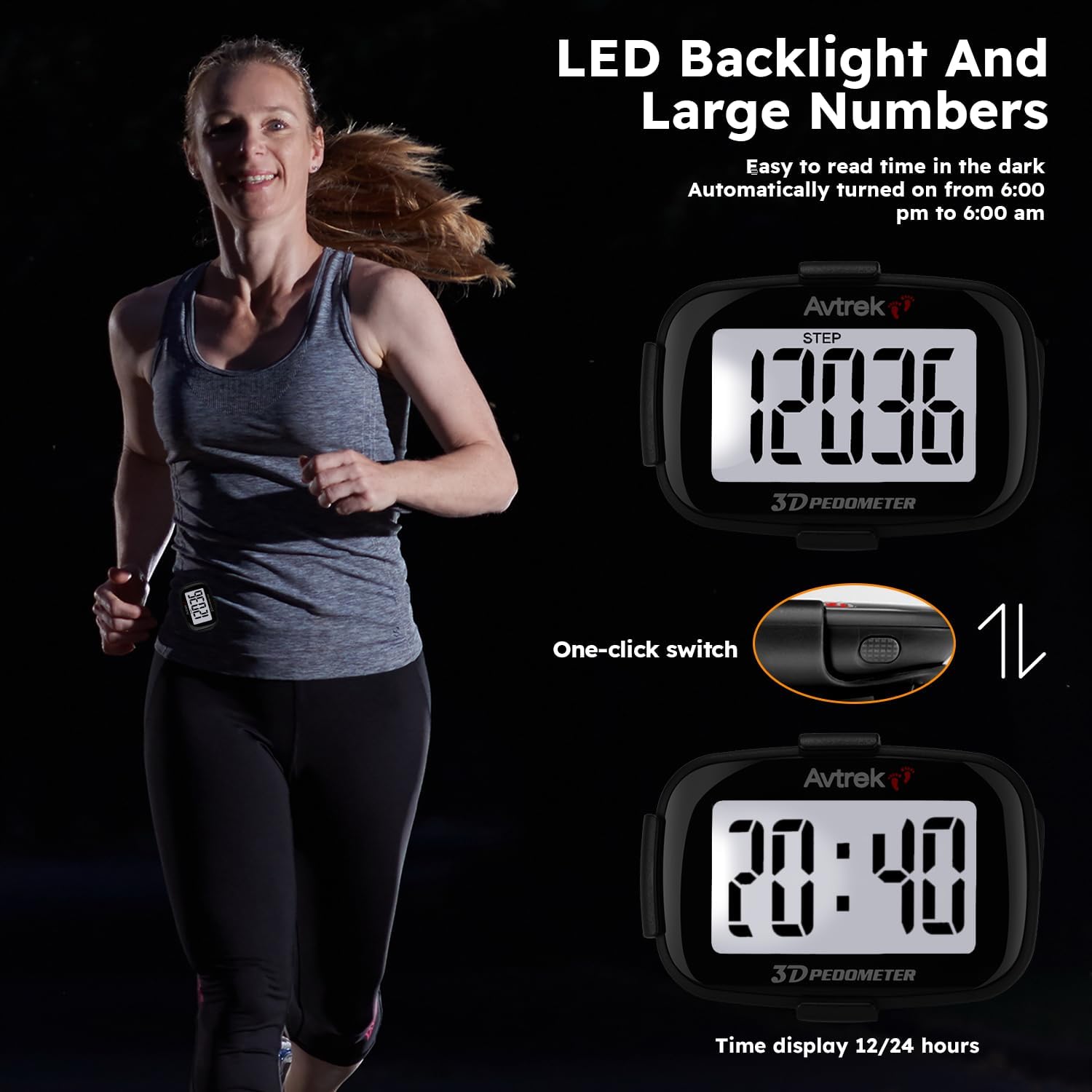 Skiennix 3D Step Counter - Clip-On LED Backlight Pocket Pedometer for Outdoor Fitness Tracking