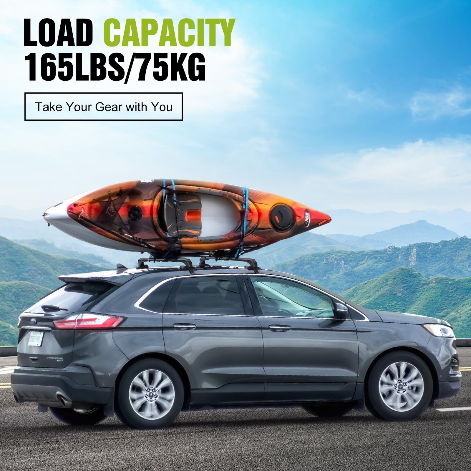 Universal Car Roof Rack, 42.91in-44.88in Adjustable Roof Rack Cross Bars for Canoe, Kayak, Bike, and Luggage –165lbs Load Capacity, Roof Rails with Theft Lock for Bare Roof Cars