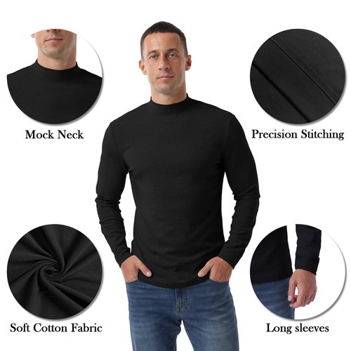 Askdeer Men's T-Shirts Cotton Mock Turtleneck Long Sleeve Shirts Lightweight Thermal Pullover Sweaters Black