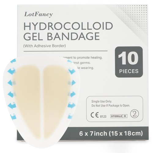 LotFancy Sacral Hydrocolloid Dressing, 6”x7”, Pack of 10, Sterile Thin Bordered Hydrocolloid Bandages, Sacrum Wound Gel Patches for Fast Healing, Water-Resistant, Individually Packed