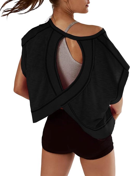Kumufenc Women's Workout Shirts - Open Back Casual Yoga Tees | Slouchy Crop Athletic Tops