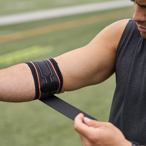Shock Doctor Compression Knit Tennis/Golf Elbow Sleeve with Gel Support and Strap, Black/Grey, Adult-Large