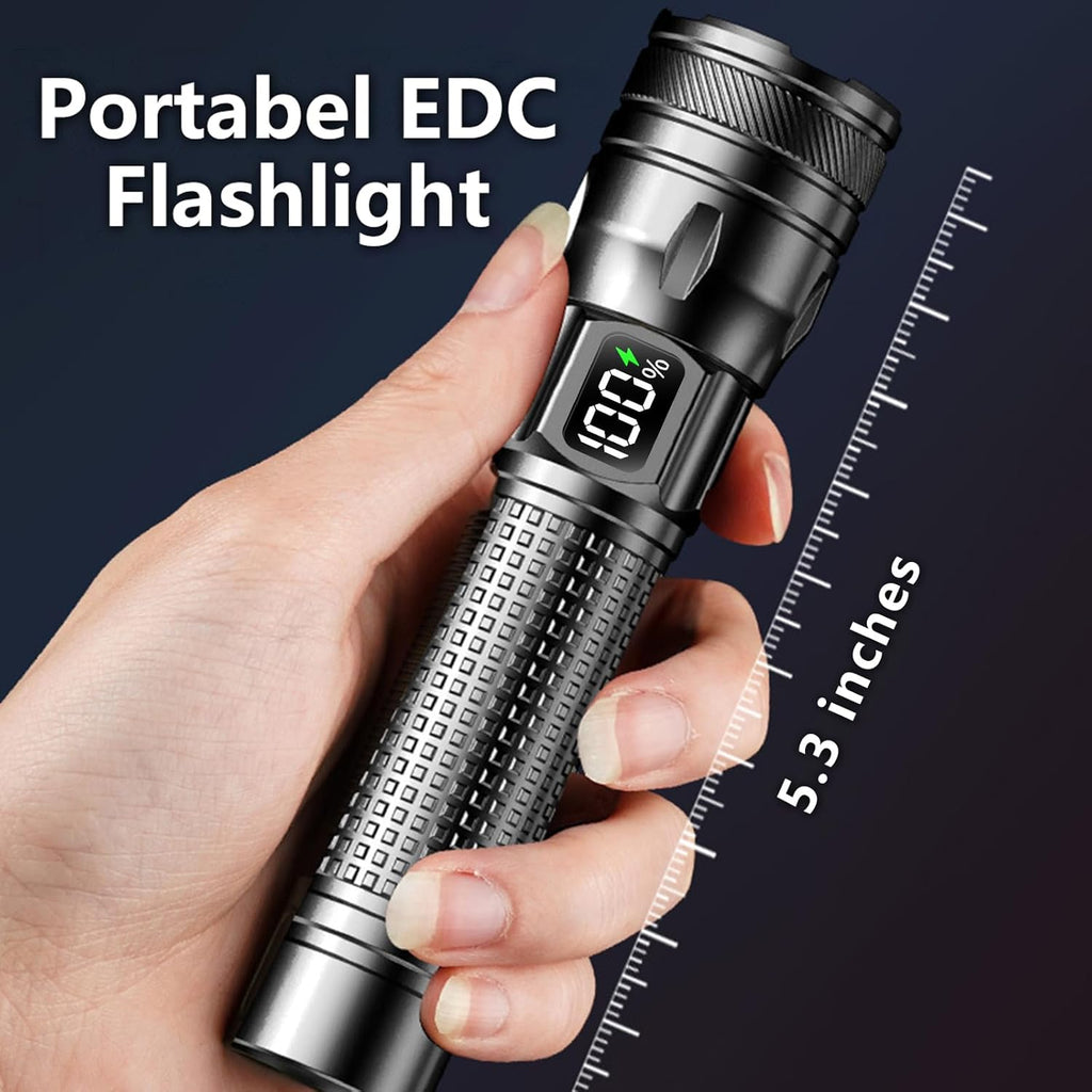 Skiennix Rechargeable LED Flashlight - High Lumens Bright EDC with Digital Power Display | USB-C Charging for Home & Outdoor Use