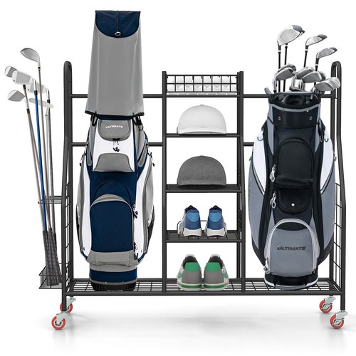GYMAX Golf Bag Organizer, Golf Storage Garage Organizer with Lockable Wheels & Golf Club Side Rack, Extra Large Golfing Equipment Rack for Golf Accessories Garage Organizer (2 Compartment)