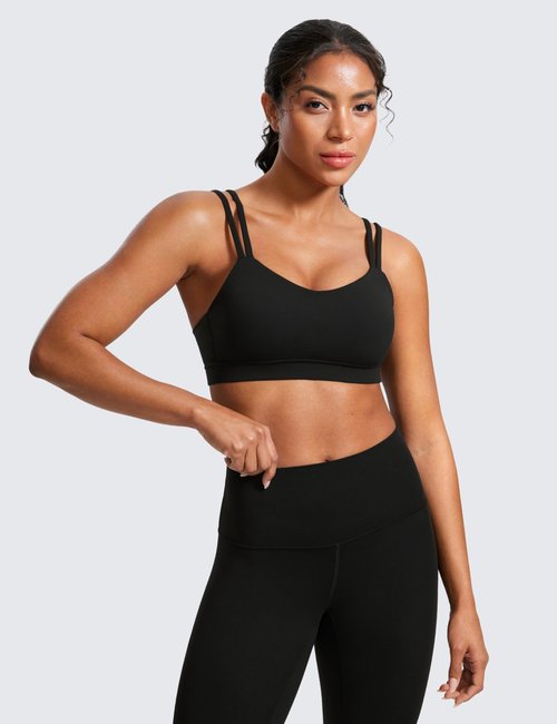 CRZ YOGA Softness Mold Butterluxe V Neck Sports Bras for Women - Workout Top Double Spaghetti Straps Wireless Yoga Clothes Black Medium