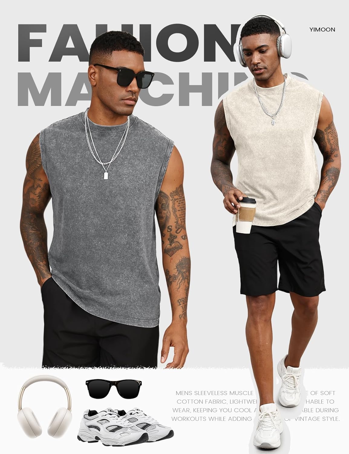 Yimoon Men's Tank Tops - Acid Wash Cotton Sleeveless Workout Tees for Gym | Loose Fit Muscle Shirts