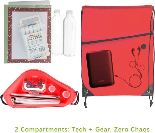 CODOBON Lightweight Drawstring Backpack - Fits 14" Laptop & Shoes | Foldable to Phone Size, Zip Pocket with Cable Port | Ideal for Gym & Travel (20, Red)
