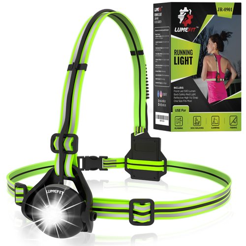 LUMEFIT Running Lights for Runners with Yellow Reflective Vest, Adjustable Beam Night Safety LED Chest Light Run, Dog Walking, and Jogging Gear, Rechargeable Headlamp Flashlight