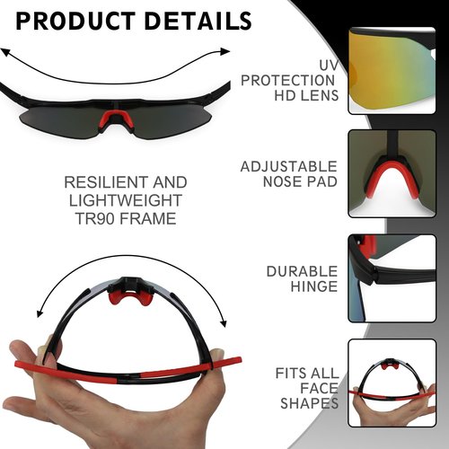 Sumato Cycling Sunglasses for Men Women Sports Sunglasses UV400 for Baseball, Running, Fishing, Driving, Bike, Lightweight Tr90 (Black Frame with Red lens)