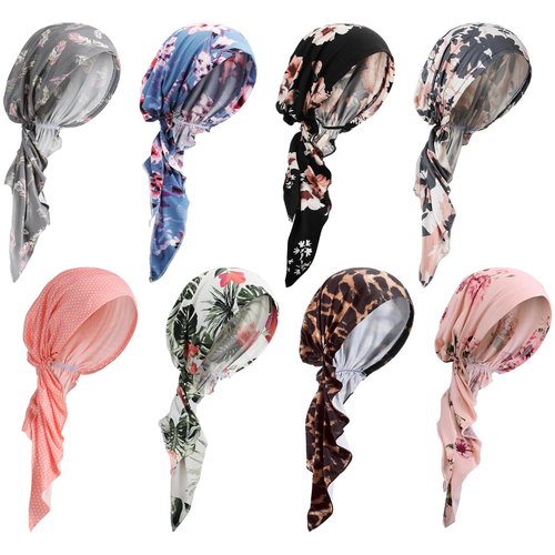Halfchet 8 Pcs Chemo Headwear for Women Pre Tied Cancer Scarf Caps Soft Cotton Elastic Head Scarf Turbans for Patients Hair Loss Cover Hat