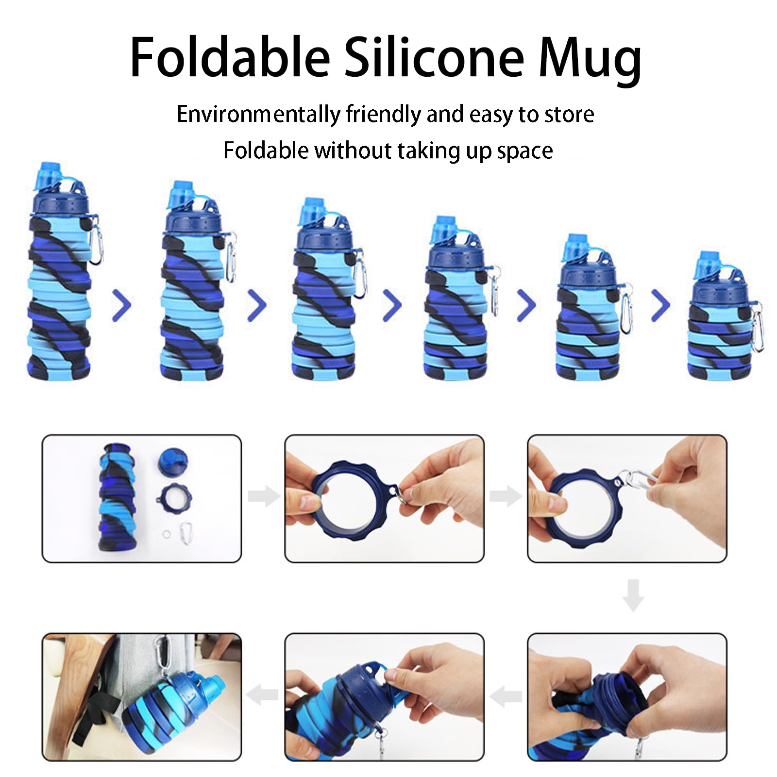 YCTMALL Collapsible Water Bottles Two Pack Travel Sports Portable Sport Water Bottle comes with mountaineering Buckle 500ml silicone Water-proof camping water bottle (Blue and Pueple Color)