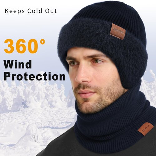 Sofier Winter Hat Fleece Lined Beanie with Earflap Neck Warmer Scarf Touchscreen Gloves Warm Knit Set for Men Women