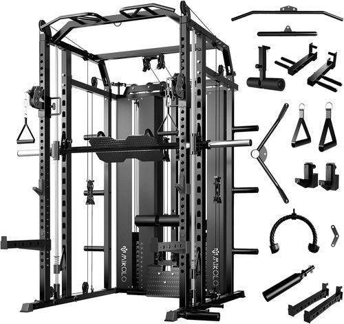 Mikolo Smith Machine - Multi-Functional Home Gym System with Weight Stack & LAT Pulldown | 10+ Free Attachments