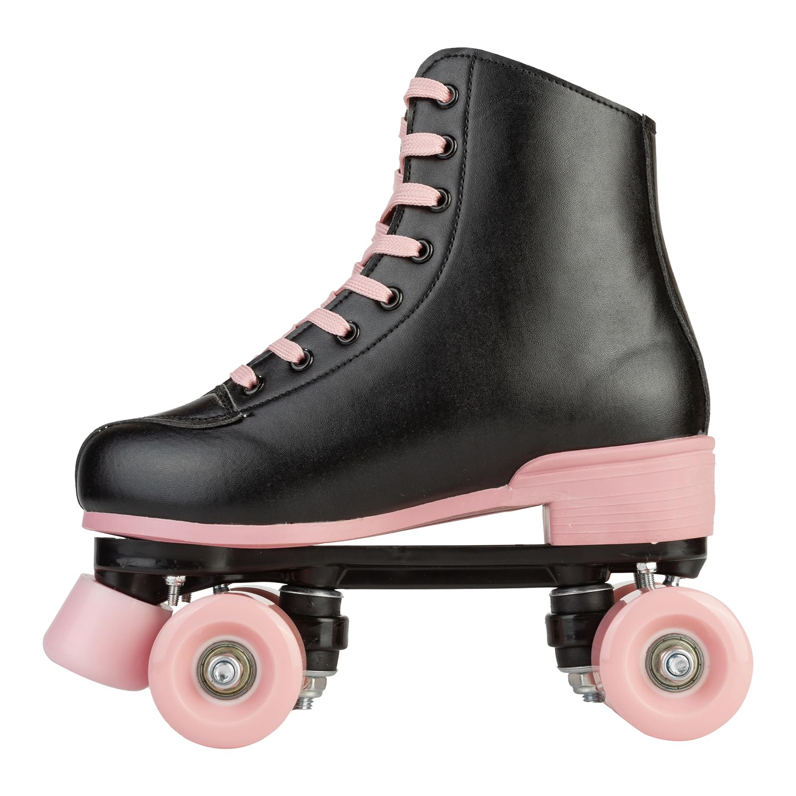 XUDREZ Roller Skates for Girls, Black PU Leather with Pink Light Up Wheels, Indoor Outdoor, Size 37-US Women 6, Youth 5