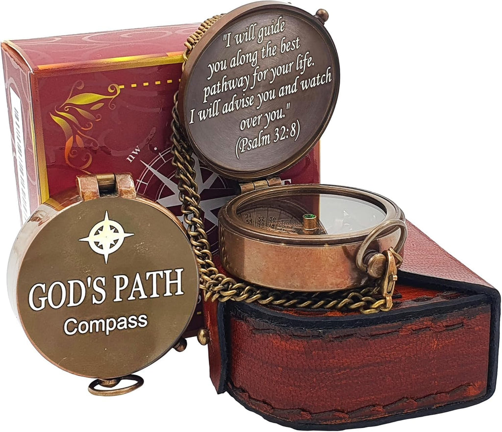 PSALM God's Path Compass - Engraved Working Handmade Antique Compass with Scripture - Religious, Christian, Catholic, Christening, First Communion, Confirmation Gifts for Teenage Men (Leather Box)
