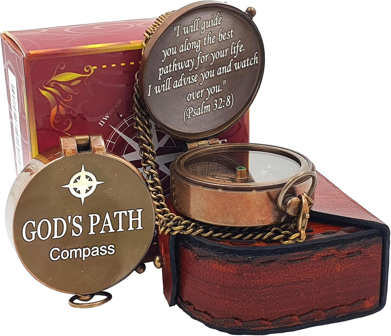PSALM God's Path Compass - Engraved Working Handmade Antique Compass with Scripture - Religious, Christian, Catholic, Christening, First Communion, Confirmation Gifts for Teenage Men (Leather Box)