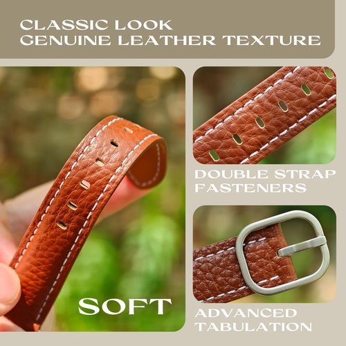 20mm Genuine Leather Soft Strap Quick Release Wristband Compatible with Garmin Vivoactive 6, Vivoactive 5, Vivoactive 3 smartwatch for Women (Brown)