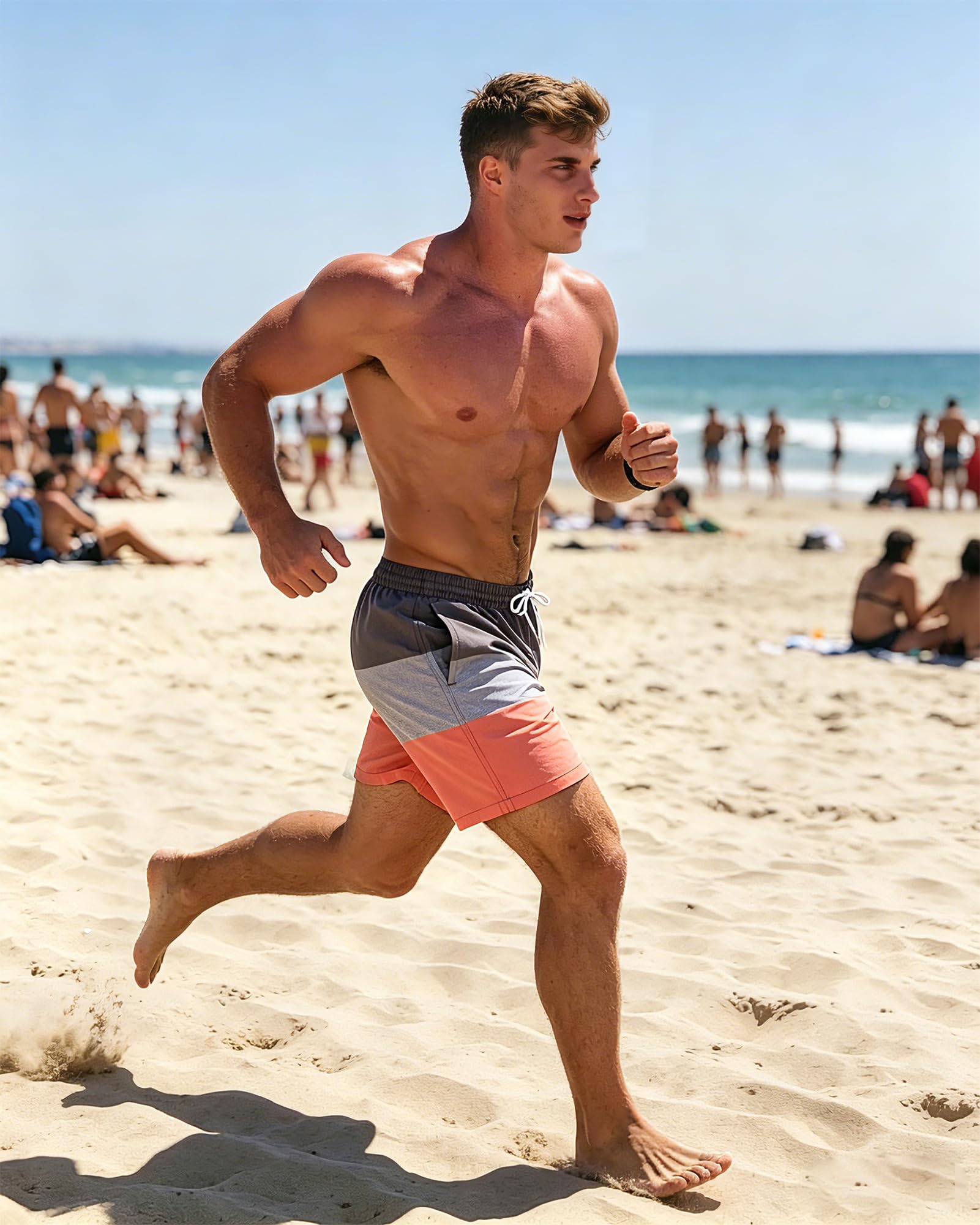 SURF CUZ Mens Swim Trunks with Compression Liner Quick Dry Swim Shorts 7" Swimming Trunks Stretch Zipper Pockets,Pink Stripes,L