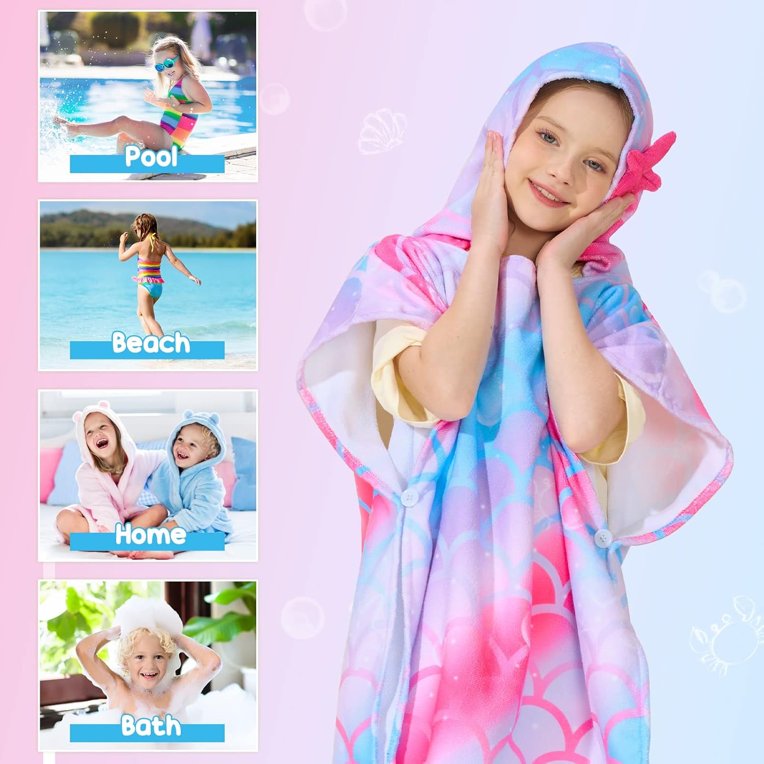 WERNNSAI Mermaid Hooded Beach Towel - Soft, Quick-Dry Poncho for Kids | 27" x 27" Sand-Free Design
