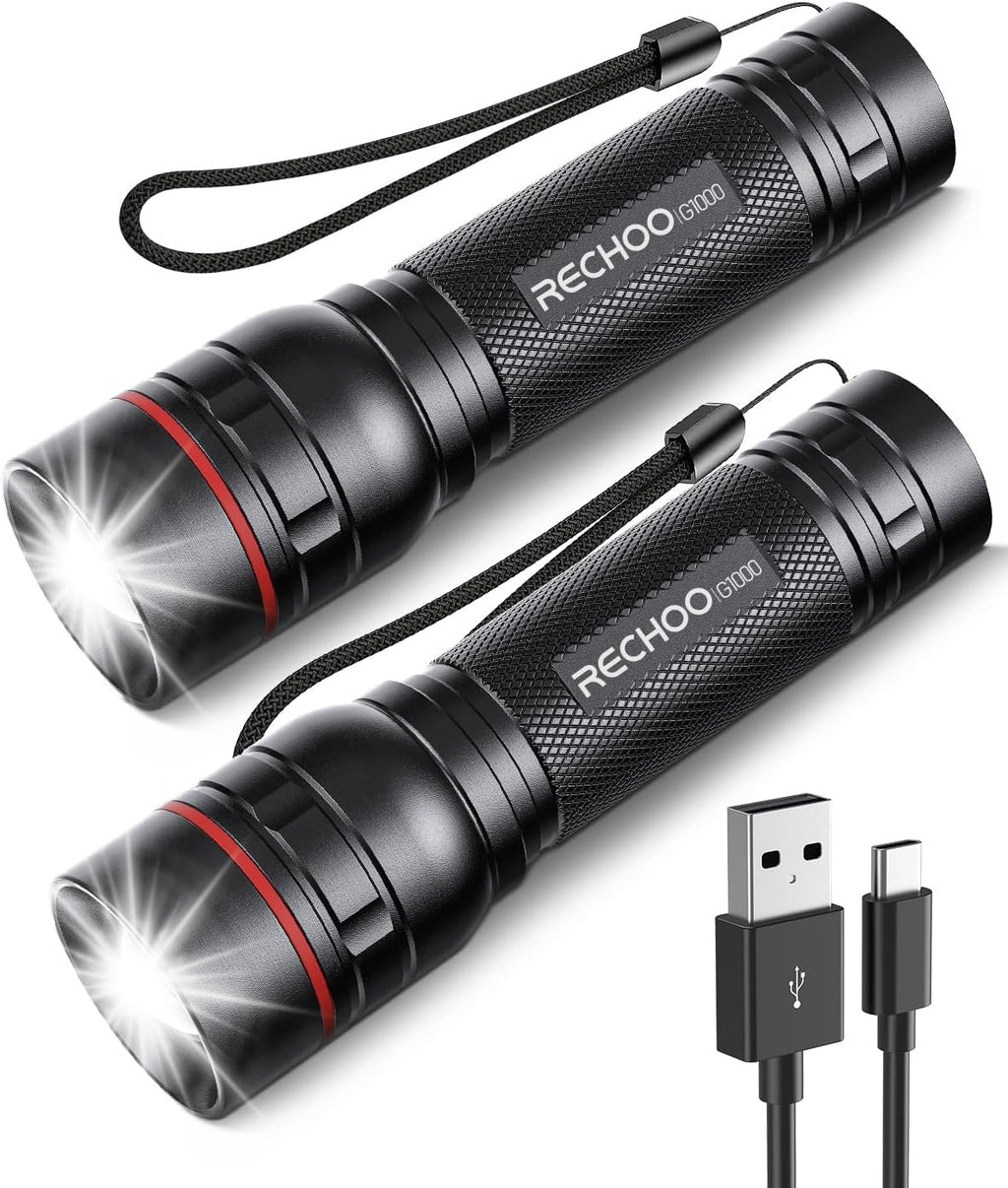 RECHOO Rechargeable Flashlights - High Lumens 2-Pack | Super Bright LED Tactical Lights with 3 Modes