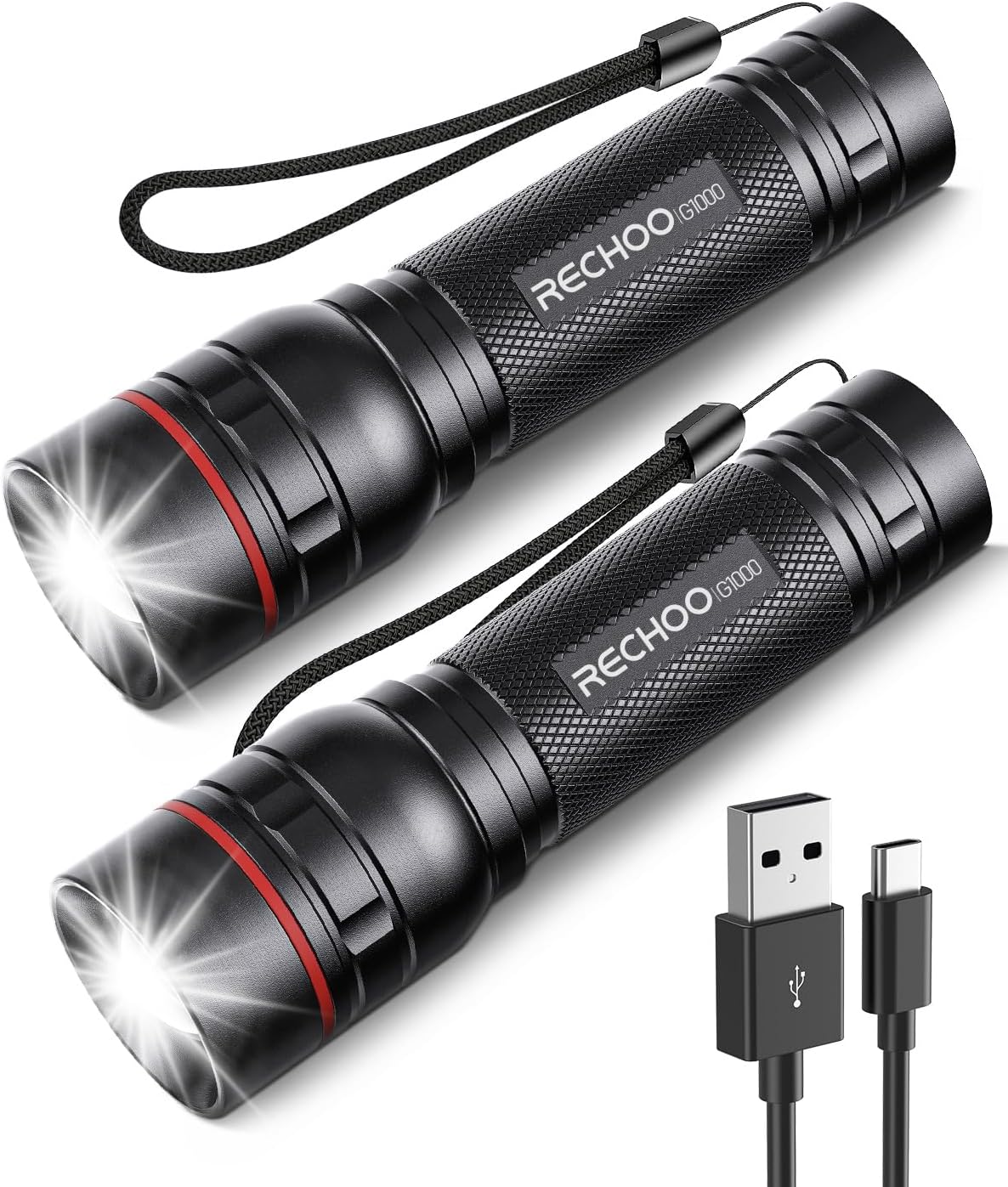 RECHOO Rechargeable Flashlights - High Lumens 2-Pack | Super Bright LED Tactical Lights with 3 Modes