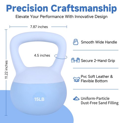 Leikefitness Soft Kettlebells,Sand Filled Weights for Women and Men,Color Coded Anti Slip Soft Kettlebells,Home workout (BLUE, 15 LB)