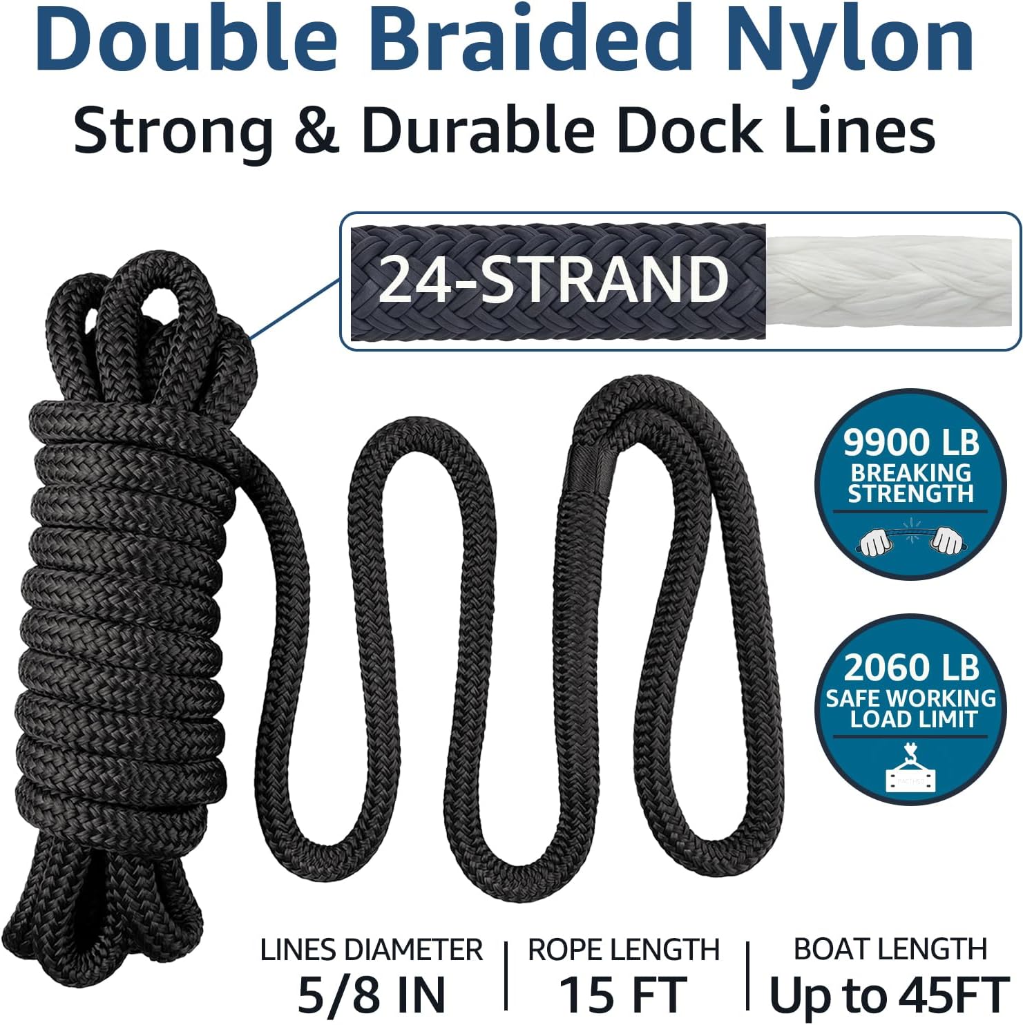 Boat Dock Lines - Premium 5/8" x 15' Double Braided Nylon Ropes | Marine-Grade Strength, Easy Handling - 4 Pack, Black