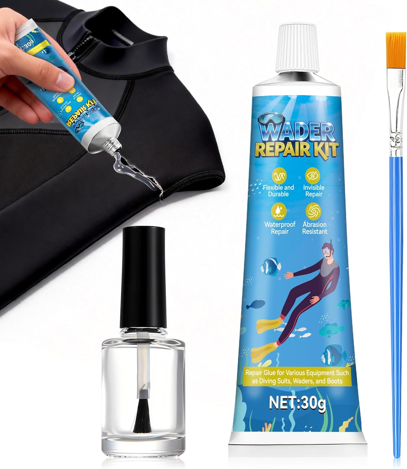 Wader Repair Kit - Transparent Repair Glue for Tears & Holes in Waders, Diving Suits & PVC Gear