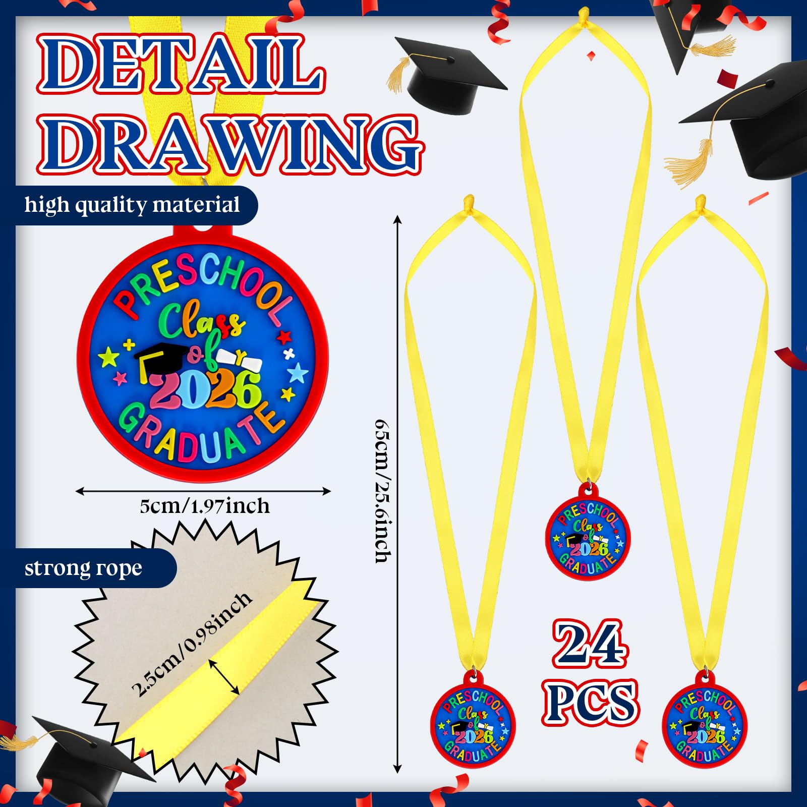 Sratte 12 Pcs Kindergarten Preschool Graduation Medal for Kids Graduating Award Medals with Yellow Neck Ribbon for Students Graduation Party Favors Supplies, 2 Inch (Class of 2026)
