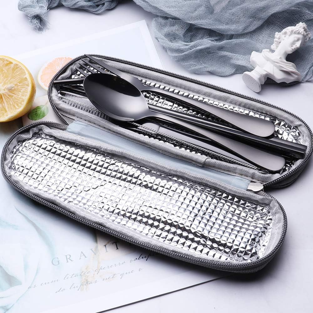 Skiennix Travel Utensils Set - 8-Piece Reusable Stainless Steel Cutlery for Lunchbox & Camping - Portable & Dishwasher Safe - Black
