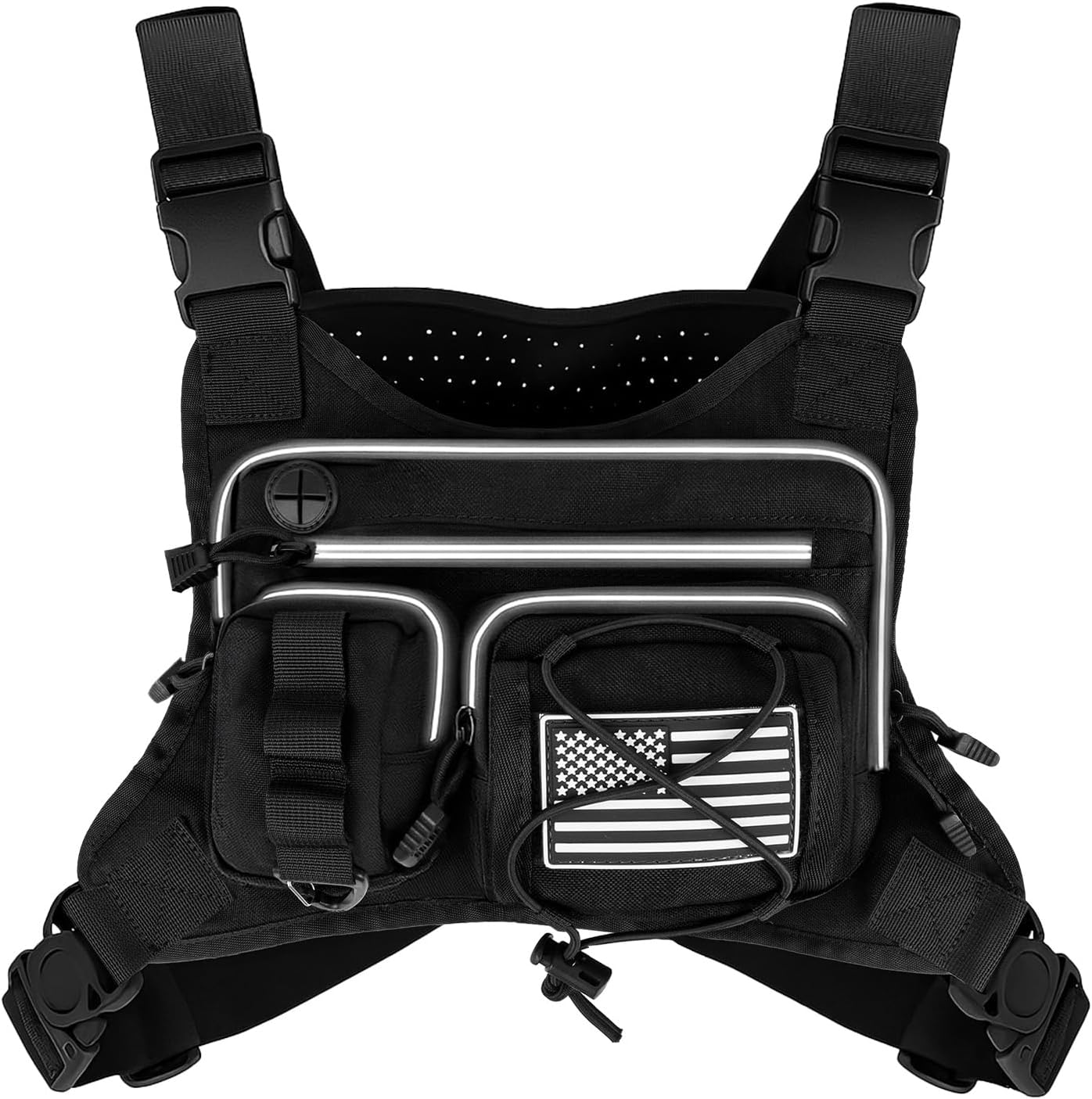 Skiennix Tactical Chest Bag - Breathable Multi-Functional Running Vest with Reflective Zipper Pocket | Adjustable Straps for Night Running, Hiking, Cycling (Black)