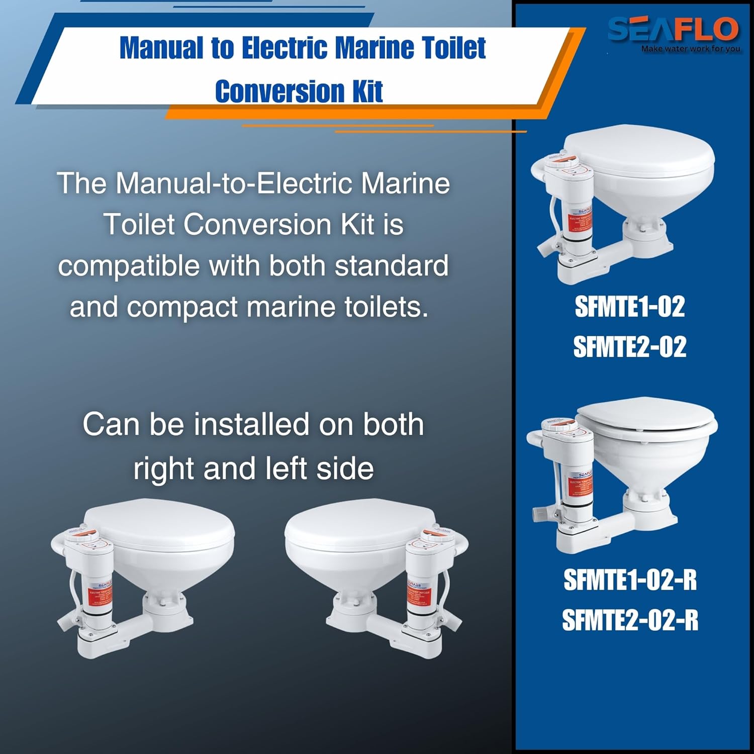 SEAFLO 12V Electric Marine Toilet Conversion Kit - Self-Priming Macerator Flush, Fits Compact & Regular Heads | 4-Year Warranty