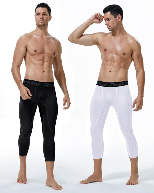 Roadbox Mens 3/4 Compression Pants, Athletic Running Legging Tights, Spandex Base Layer Workout Baseketball Gym