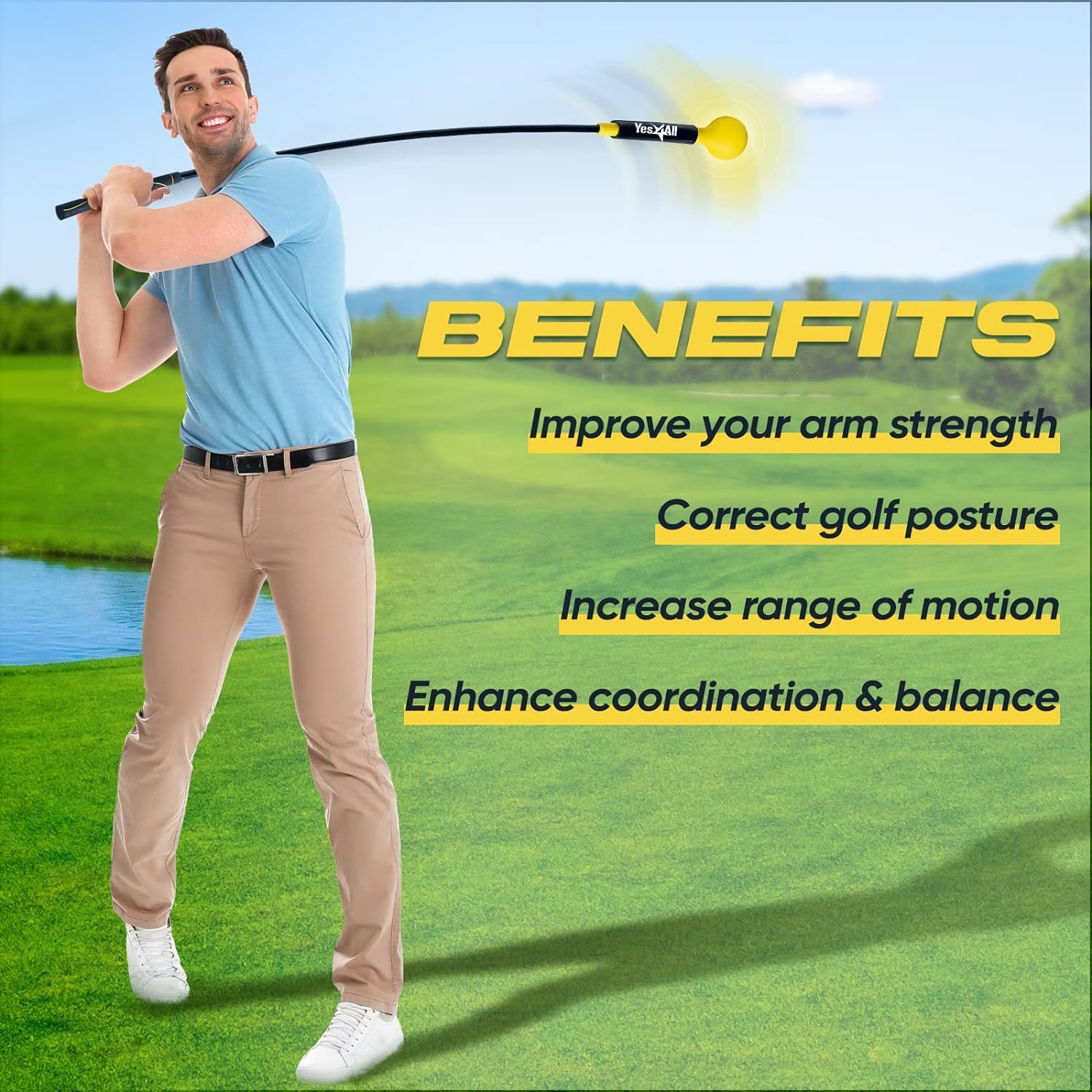 Yes4All 48 Inches Golf Swing Trainer, Golf Warm-Up Alignment Stick for Tempo, Rhythm, Balance, and Strength Training for Chipping - Yellow