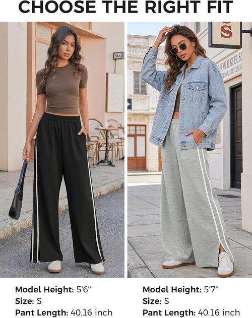 Fisoew Women's Wide Leg Pants - Casual Baggy Sweatpants with Elastic Waist & Side Slit | Pockets Included