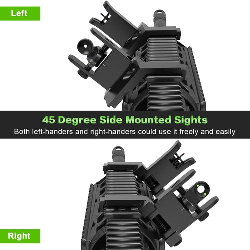 Iron Sights 45 Degree Offset Flip Up Sights with Red Green Fiber Optic Dots,Front and Rear Backup Sight Set for Picatinny Wea-ver Rails