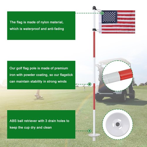 Golf Flagstick 6ft, Double-Side American Flag for Putting Green, Portable 5-Section Design for Backyard Practice, Golf Pin USA Flag for Driving Range