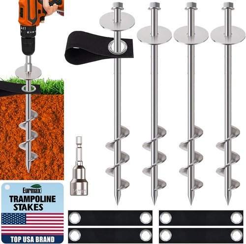 Eurmax USA Ground Anchors - Heavy Duty Screw-In Tent Stakes for High Winds | Set of 4 with Bonus Straps