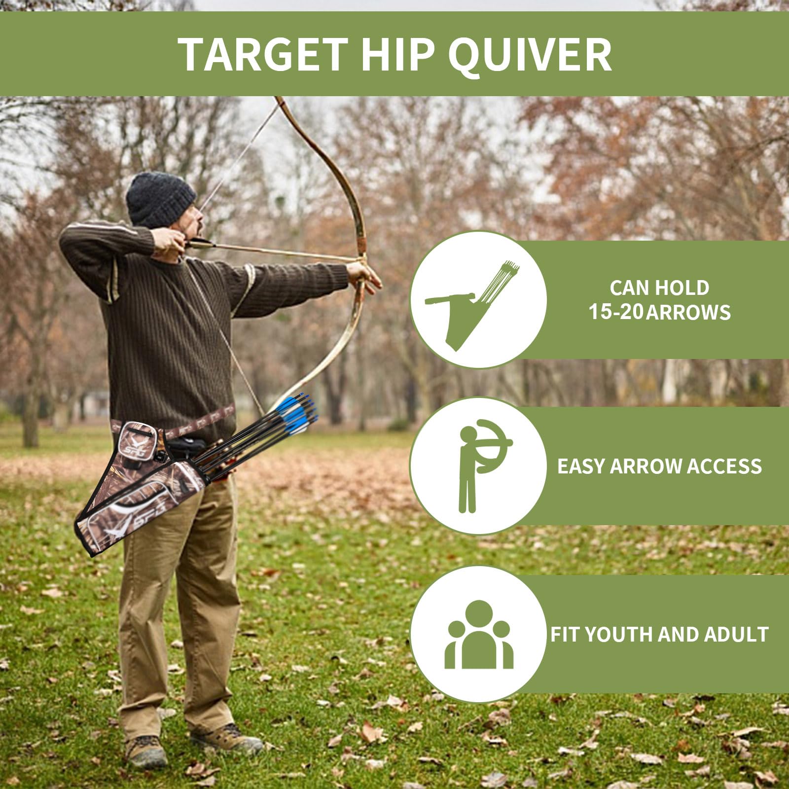 SPG Arrow Quiver Archery Hip Quiver, Durable Adjustable Waist Belt Three Arrows Tube for Arrow Storage Compound Bow Recurve Bow Accessories (Camo)