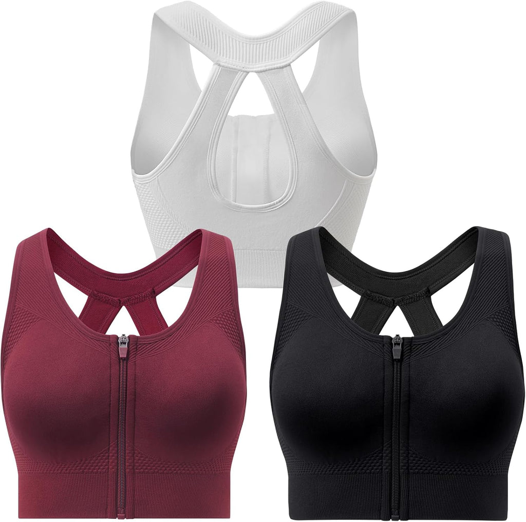 Skiennix Racerback Sports Bra - Medium Support Zipper Front for Comfortable Workouts
