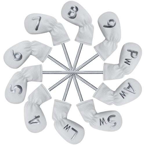 10 Pcs Iron Covers for Golf Clubs, Premium PU Leather Golf Iron Covers with Big Number Design, Fits Most Iron Clubs, Designed for Easy On and Off (White)