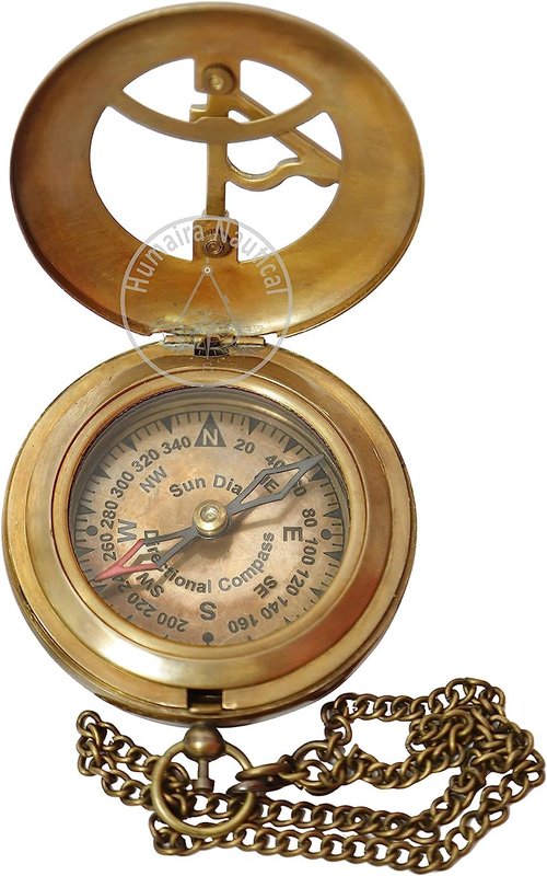 Aysha Nautical Brass Sundial Compass with Leather Case and Chain - Push Open Compass - Steampunk Accessory - Antiquated Finish - Beautiful Handmade Gift -Sundial Clock