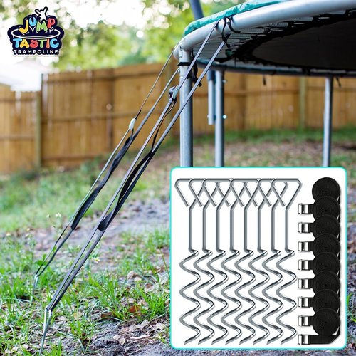 Jump Tastic Trampoline Anchors - 8 Heavy-Duty Anti-Rust Stakes & Straps for High Wind Stability