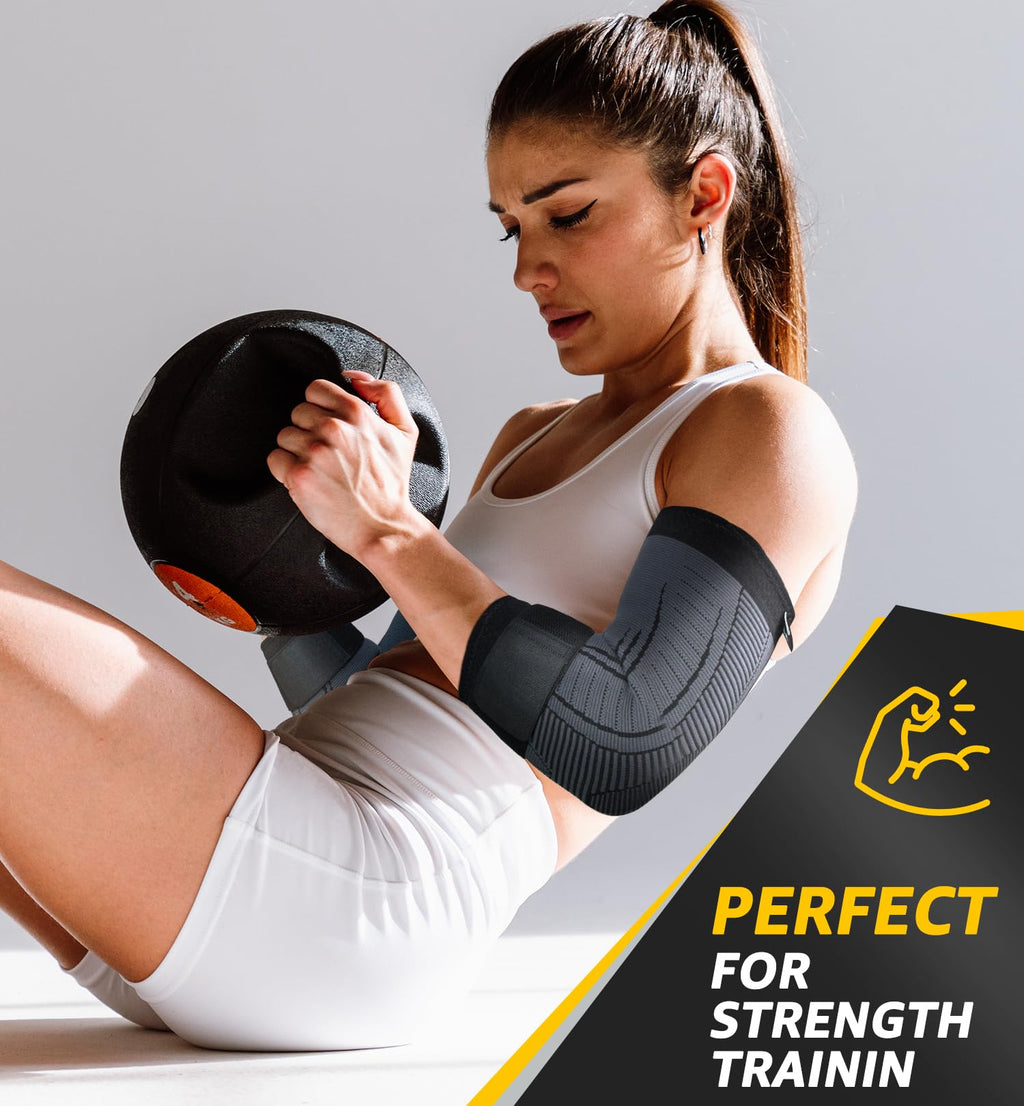 HiRui 2 PACK Elbow Brace for Men Women, Elbow Compression Sleeves With Adjustable Straps, Tennis Elbow Golfer Elbow Treatment Arm Support for Workout Weightlifting Tendonitis Pain Relief (Black, Medium)